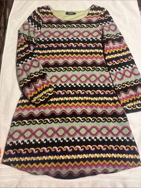 Patterned Crewneck Sweater Dress in Green, Black, Pink & Yellow